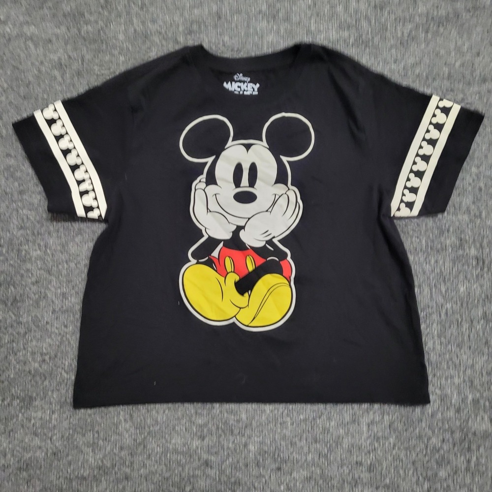 Disney T-Shirt Womens Size L Black Mickey Mouse Graphic Boxy Cropped Tee